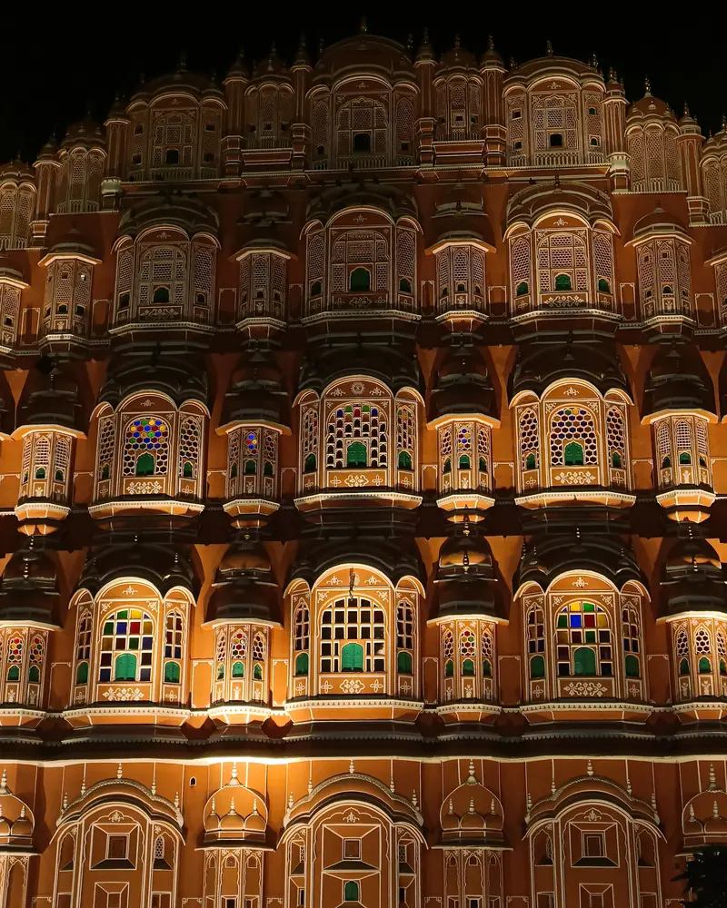 Hawa Mahal lit from within on a winter night in Jaipur